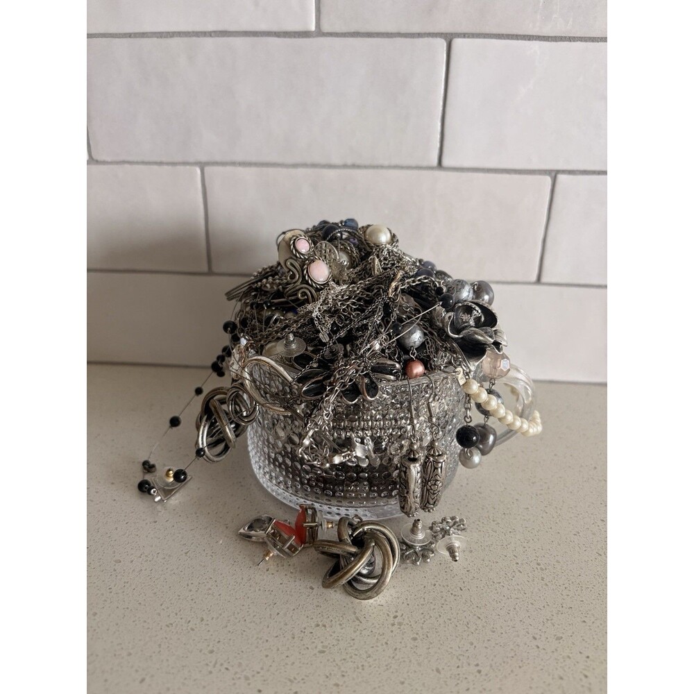 VTG Mystery All Silver Tone Jewelry Jar With Glass Mug Ring Necklace Earring